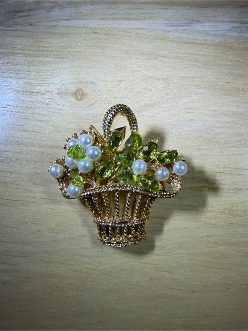 Vintage Gold Basket Brooch with Green Stones and Faux Pearls